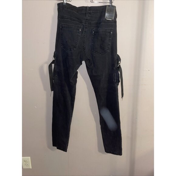 Cote De Nuits Mens Jeans 34x33 Black Cargo Large Pockets Military Distressed - Picture 9 of 12